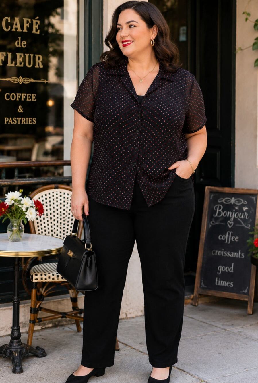 Emma James Shirt Size 18 Black Sheer Lined Short Sleeve Knit Top Polka Dot Retro